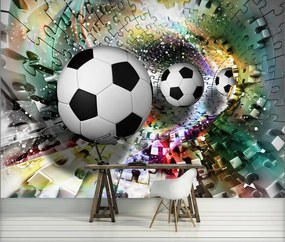 Fototapeta - Futbalové lopty v 3D puzzle tuneli (254x184 cm)