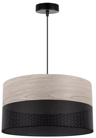 Závesné svietidlo Wood, 1x svetlobéžová dubová dýha/čierne PVC tienidlo, (fi 40cm)