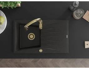 Mexen Cesar, 1-komorový granitový drez 775x470x190 mm a drezová batéria Savita, čierna-zlatá metalíza, 6514-75-672601-50