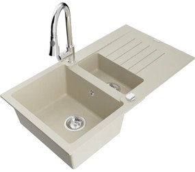 Mexen Matias, 1,5-komorový granitový drez 900x505x200 mm a drezová batéria Elia, biela, 6502-69-670101-00