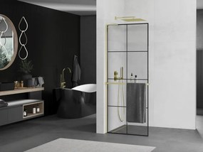 Mexen Kioto+ L, sprchová zástena Walk-In s poličkou a vešiakom 90 x 200 cm, 8mm číre sklo čierny vzor, zlatý lesklý profil,800-090-123-50-77
