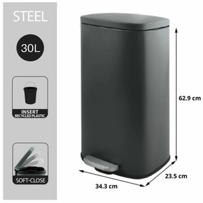 Spirella Akira 30 l odpadkový kôš s pedálom atichým zatváraním, matná sivá farba, 30 l