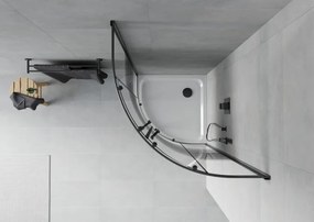 Mexen Rio, štvrťkruhový sprchovací kút s posuvnými dverami 90(dvere) x 90(dvere) x 190 cm, 6mm číre sklo s pásikmi, čierny profil + biela sprchová vanička Slim, 863-090-090-70-20-4110B