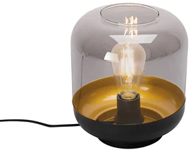 Dizajnová stolná lampa čierna so zlatom a dymovým sklom - Kyan