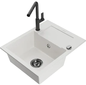 Mexen Enzo, 1-komorový granitový drez 576x465x174 mm a drezová batéria Flora, biela, 6506-20-670401-70-B