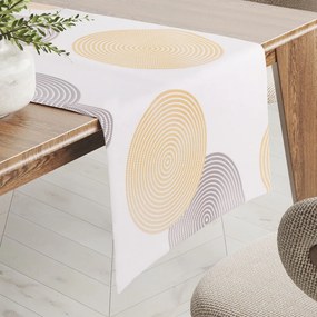 Biante Zamatový behúň na stôl Tamara TMR-023 Žlté a sivé designové kruhy na smotanovom 45x180 cm