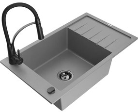 Mexen Elias, 1-komorový granitový drez 795x480x200 mm a drezová batéria Aster, šedá, 6511-71-73450-70-B