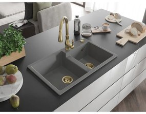Mexen Tomas, granitový drez 800x500x190 mm, 2-komorový a drezová batéria Savita, šedá, 6516-71-672601-50