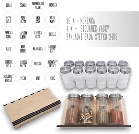 Súprava 16 ks koreničiek PIMEN 80 ml + 4 ks organizér na koreničky VASKY + súprava 24 ks štítkov