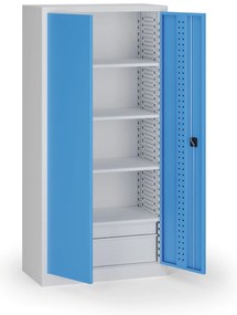 Policová dielenská skriňa 2-dverová, 4 police + 2 zásuvky, 1950 × 950 × 500 mm, modré dvere