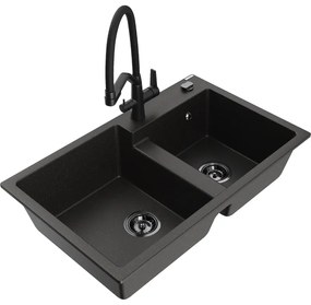 Mexen Tomas, 2-komorový granitový drez 800x500x190 mm a kuchynská batéria Duo, čierna-zlatá metalíza, 6516-75-671701-70-B