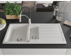 Mexen Andres, 1,5-komorový granitový drez 1000x500x200 mm a drezová batéria Aster, biela, 6515-20-73450-07