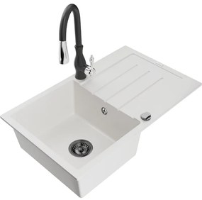 Mexen Bruno, 1-komorový granitový drez 795x495x200 mm a drezová batéria Savita, biela, 6513-20-672601-70