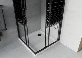 Mexen Rio, štvorcový sprchovací kút s posuvnými dverami 70(dvere) x 70(dvere) x 190 cm, 6mm číre sklo s pásikmi, čierny profil + biela sprchová vanička SLIM, 860-070-070-70-20-4010B
