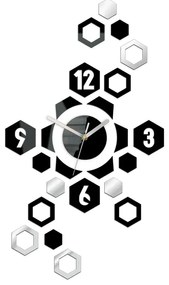 3D nalepovacie hodiny Hexagon čierno-zrkadlové