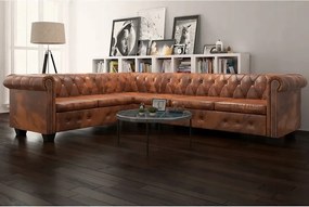 vidaXL Rohová pohovka Chesterfield, 6-miestna, umelá koža, hnedá