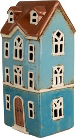 Modrý keramický svietnik na čajovú sviečku domček Amster Village - 11*9*22 cm