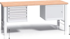 Výškovo nastaviteľný pracovný stôl do dielne G3 so závesným boxom a skrinkou na náradie, buková škárovka, 4 zásuvky, 2000 x 685 x 840 - 1050 mm, sivá