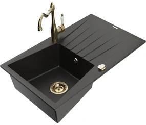 Mexen Cesar, 1-komorový granitový drez 775x470x190 mm a drezová batéria Carla, čierna-zlatá metalíza, 6514-75-670700-50