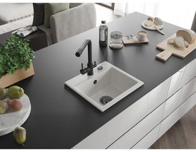 Mexen Milo, granitový drez 435x410x171 mm, 1-komorový a čierna batéria Duero, biela, 6505-20-671600-70