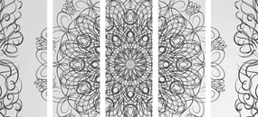 5-dielny obraz abstraktná kvetinová Mandala v čiernobielom prevedení - 100x50