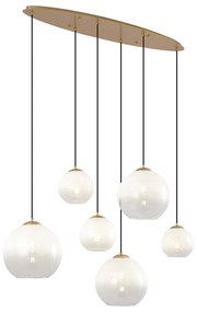 Hotelová elegantná závesná lampa mosadzná s bielym sklom obdĺžniková 6-svetelná - Misty