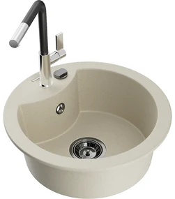 Mexen Diego, 1-komorový granitový drez 488x488x167 mm a drezová batéria Flora, béžová, 6512-69-670401-07-B