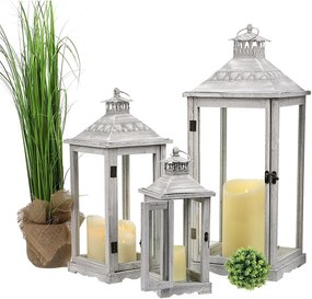 Drevený lampáš s čipkovaným vrchom MSL3382 - sivý (24x24x58 cm) - vidiecky štýl