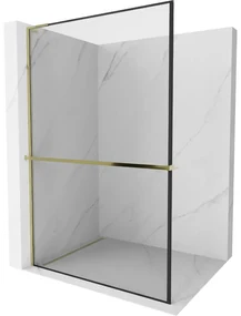 Mexen Kioto+ L, sprchová zástena Walk-In s poličkou a vešiakom 90 x 200 cm, 8mm číre sklo čierny vzor, zlatý lesklý profil,800-090-123-50-70
