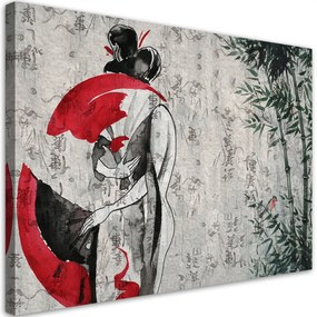 Obraz na plátně, Japonská gejha s ventilátorem - 100x70 cm
