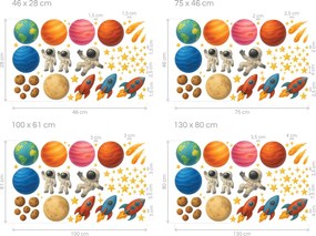 Kozmonauti planéty a rakety textilné prelepiteľné nálepky na stenu arch 46 x 28 cm