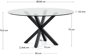 Čierny okrúhly jedálenský stôl so sklenenou doskou ø 150 cm Argo – Kave Home
