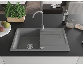 Mexen Bruno, 1-komorový granitový drez s odkvapkávačom 80x50 cm a kuchynskou batériou Telma, šedá, 6513-71-670200-71