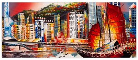 Obrázok - Victoria Harbor, Hong Kong, olejomaľba (120x50 cm)