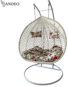 Závesné hojdacie dvojkreslo FIORI EXTRA nosnosť 250kg - biele s kvetovanými vankúšmi