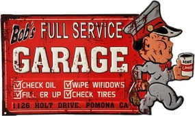 Červená kovová nástenná ceduľa Bob´s Garage - 50*1*30 cm