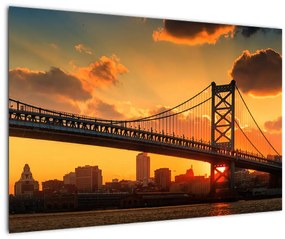 Obraz - Západ slnka nad mostom Bena Franklina, Filadelfia (90x60 cm)