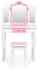Detský kozmetický stolík s trojitým zrkadlom a taburetkou