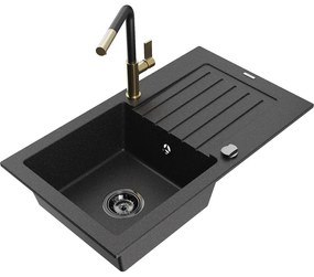 Mexen Pablo, 1-komorový granitový drez 752x436x161 mm a drezová batéria Flora, čierna-strieborná metalíza, 6510-73-670401-57-B