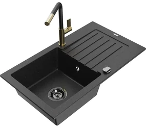 Mexen Pablo, 1-komorový granitový drez 752x436x161 mm a drezová batéria Flora, čierna-strieborná metalíza, 6510-73-670401-57-B
