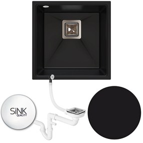 Sink Quality Argon 50, kuchynský granitový drez 420x420x225 mm + chrómový sifón, čierna, SKQ-ARG.C.1KBO.50.X