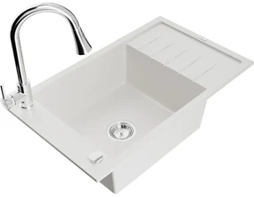 Mexen Elias, 1-komorový granitový drez 795x480x200 mm a drezová batéria Elia, biela, 6511-20-670101-00