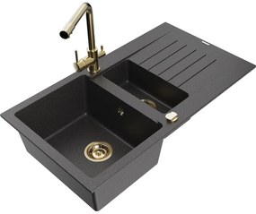 Mexen Matias, granitový drez 900x505x200 mm, 1,5-komorový a zlatá batéria Duero, čierna škvrnitá, 6502-76-671600-50