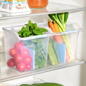 2 boxy do chladničky na ovocie a zeleninu každý 13,5 x 12,3 x 13 cm.