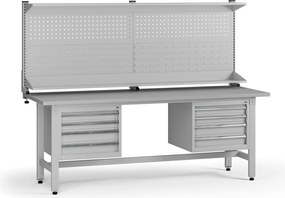 Výškovo nastaviteľný dielenský stôl G5 s nadstavbou, 2100 x 750 x 800-1000 mm, 2x kontajner, 8 zásuviek, sivá