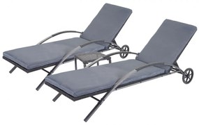 Set 2 záhradných lehátok HWC-E27, polyratan, čierne vankúše - tmavo sivá