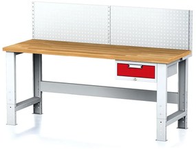 Alfa 3 Nastaviteľný dielenský stôl MECHANIC I, závesný box na náradie, nadstavba, 1 zásuvka, 2000x685x700-1055 mm, červené