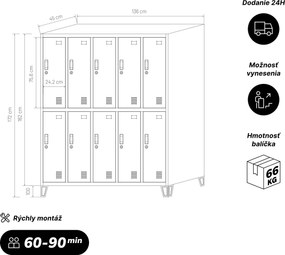 Kovová šatňová boxová skriňa na nôžkach s 10 boxami BARTEK, 1360 x 1720 x 450 mm, Eco Design: antracitová/ dub sonoma