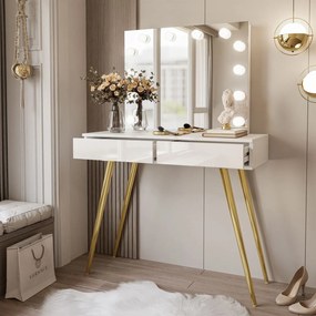 Toaletný stolík JOANNA so zrkadlom + led osvetlenie, biely lesk + zlatá