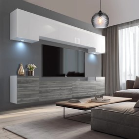 Obývacia stena Belini Premium Full Version biely lesk / šedý antracit Glamour Wood + LED osvetlenie Nexum 58